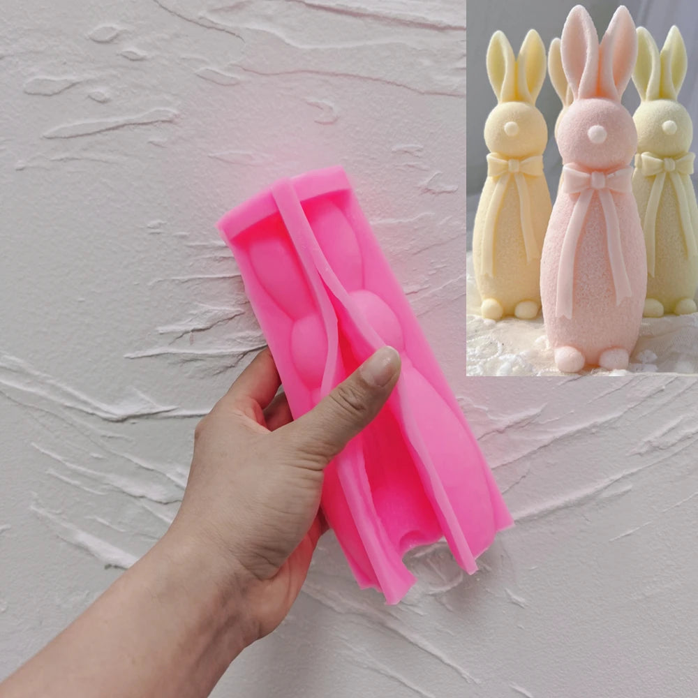 Two Designs Flocked Rabbit Silicone Candle Molds Bowknot Bunny Silicone Mold Animal Bunnies Wax Mould Easter Home Decor