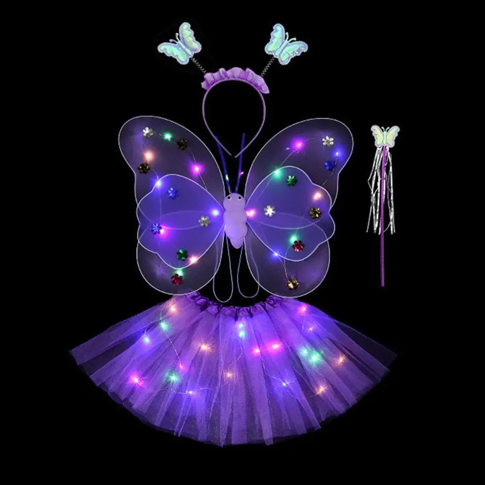 2-8Y Kids Butterflies Princess Costume Luminous Fairy Wing Birthday Party Halloween Stage Dress Up Easter Valentines Day Gift