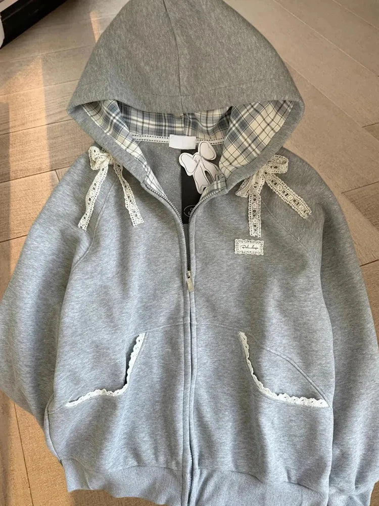 Zoki Lace Patchwork Hoodies Women Cute Bow Long Sleeve Sweatshirt Japan Preppy Style Sweet Loose Long Sleeve Female Gray Outwear