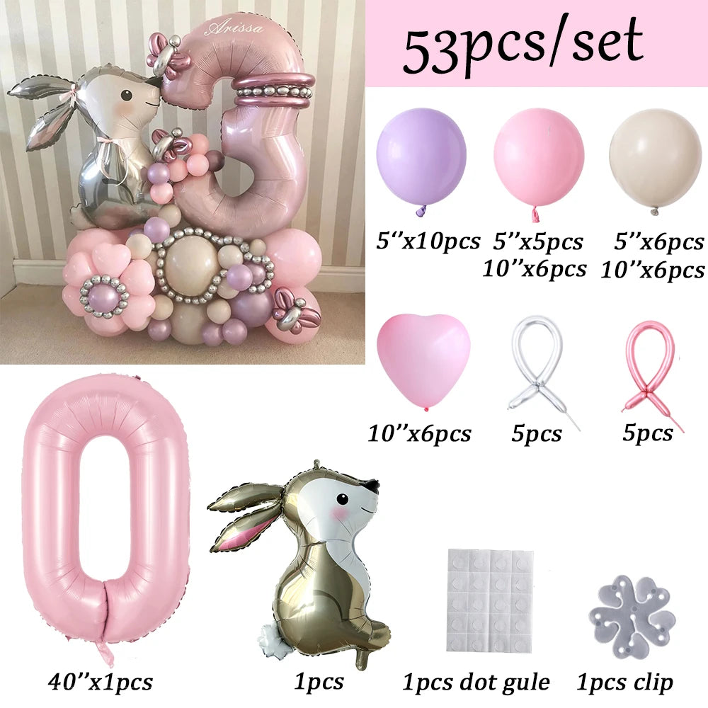 53pcs Easter Bunny Cartoon Rabbit Foil Balloons with Pink 40inch Number Ball Set Child Girls 1st Birthday Party Baby Shower Deco
