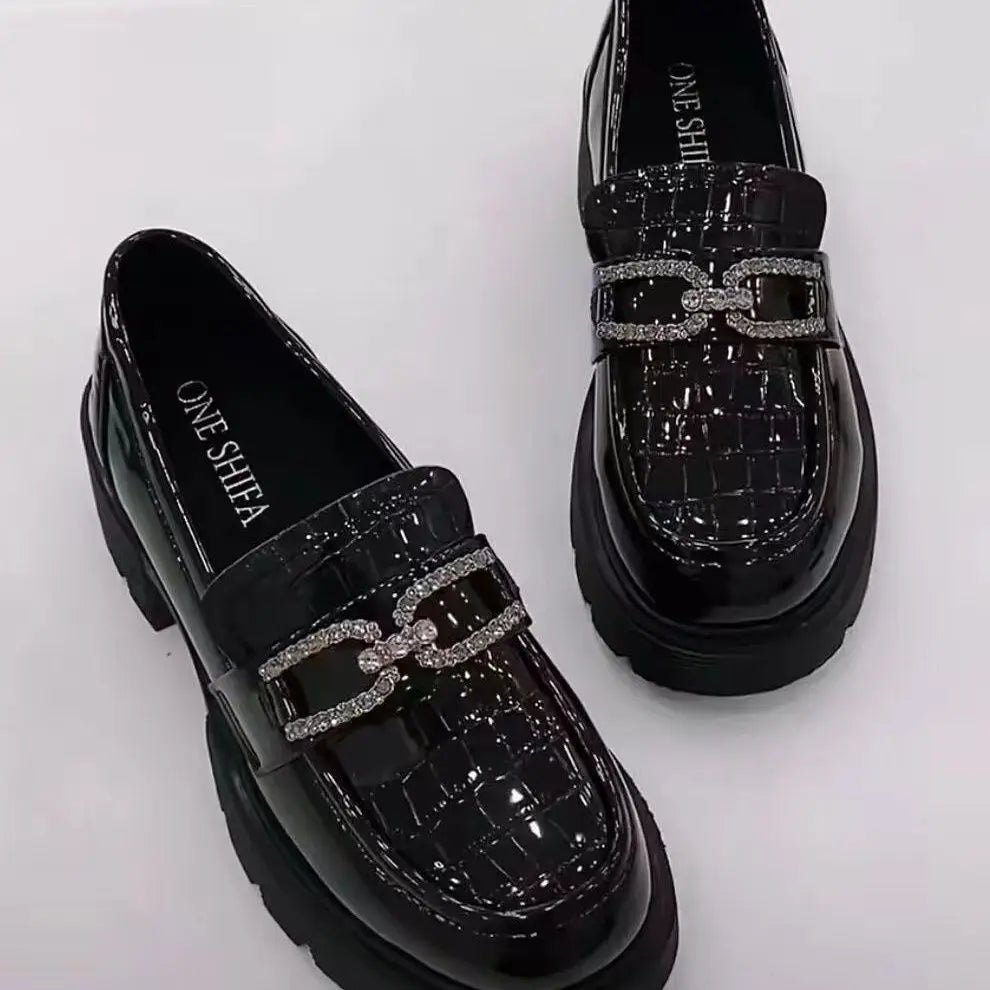 Woman Pumps Loafers Cute Kawaii Platform Shoes For Women Fashion Leather Casual Block Heel Round Toe Chunky Heels Popular Shoe A