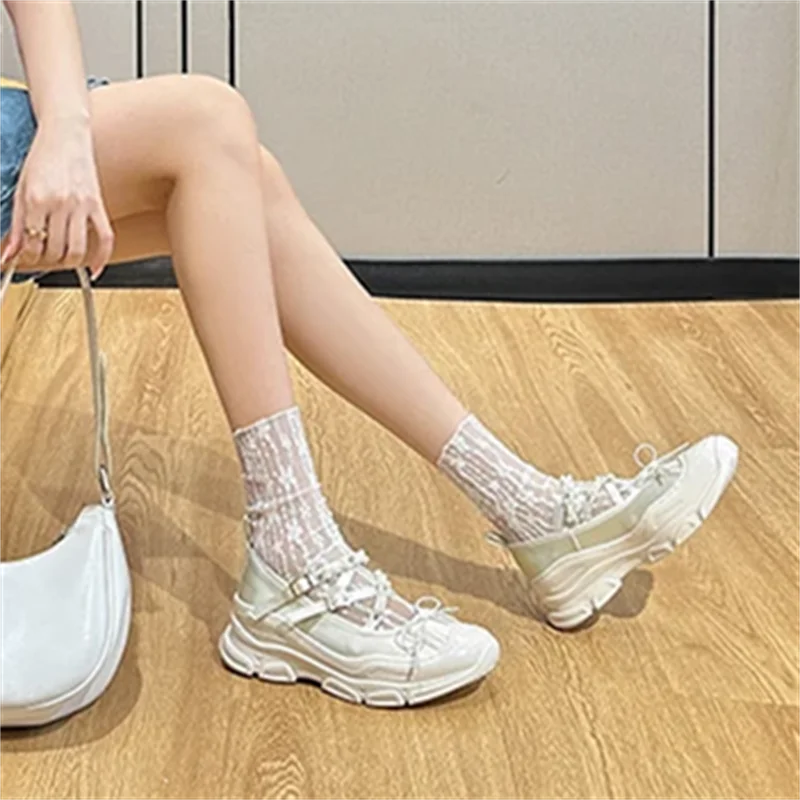 String Bead Butterfly-Knot Breathable Women Sneakers Lace-Up Thick Bottom Hand-made Ladies Shoes Casual Fashion Tenis De Mujer