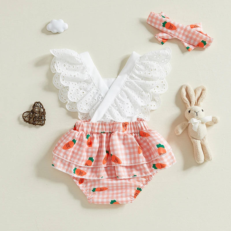 Baby Girl Easter Outfits Hollow Out Flying Sleeveless Square Neck Carrot Print Bodysuit with Bow Headband