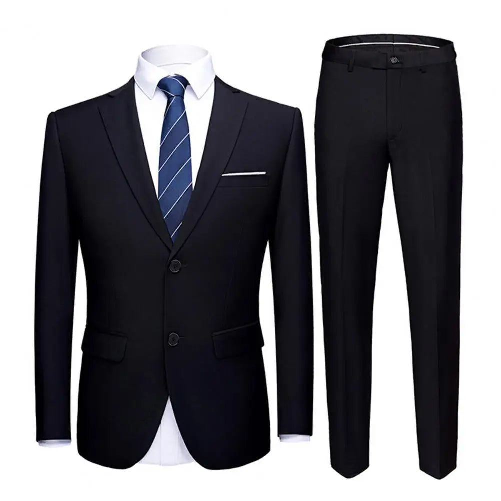 Men Blazer Pants Set Handsome Solid Turndown Collar Long Sleeve Two Buttons Slim Fit Formal Suit Wedding Banquet Groom Suit