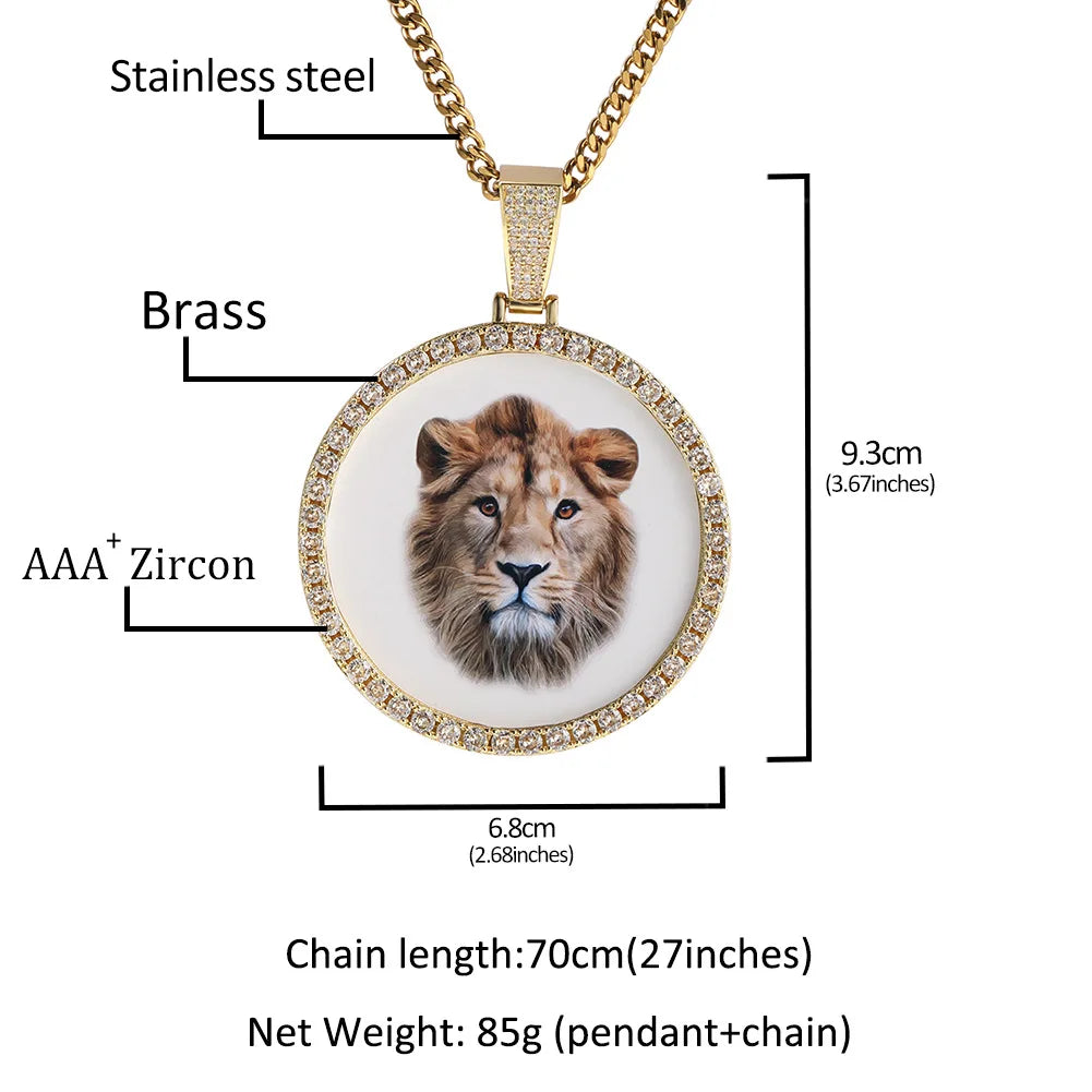 JINAO NEW Custom Ice out XXXL Large size Photo Round Necklace & Pendant With Chain AAA Cubic Zircon Hip hop Jewelry