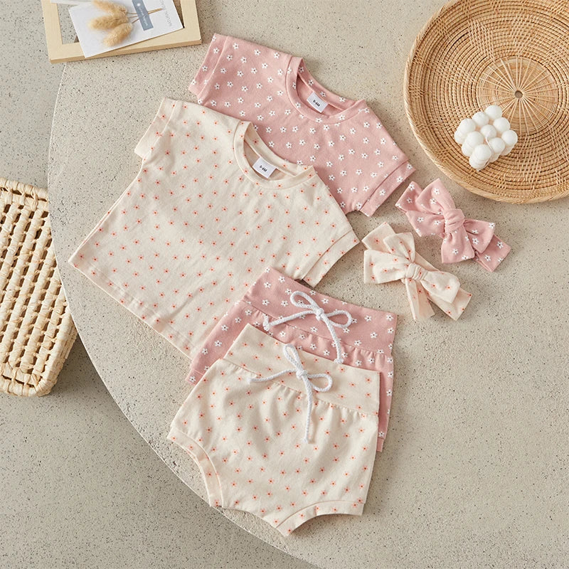 Suefunskry Baby Girl Summer Casual Clothes Flower Print Short Sleeve Round Neck T-Shirt with Shorts and Headband Outfit