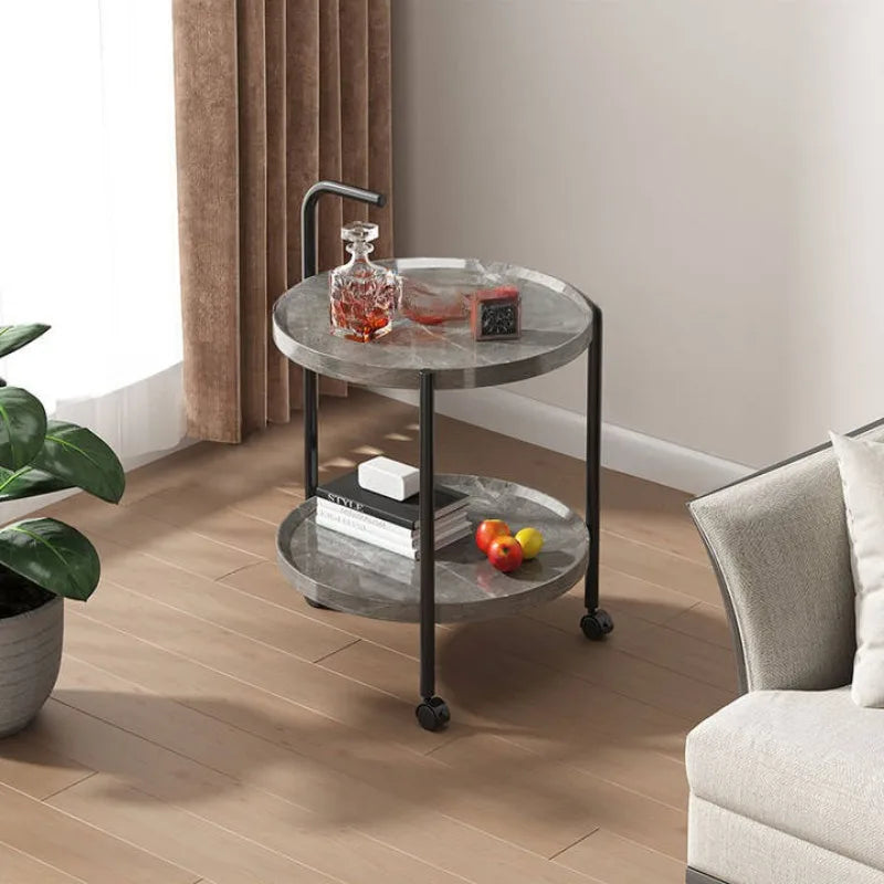Bedside Wood Table Small Coffee Versatile Double Layer Wheels Space Saving 2-Tier Nightstand Storage Organizer Living Bedroom
