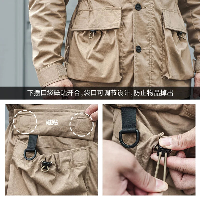 Safari Jacket Men Tactical Windbreaker Outdoor Multi-pocket Vintage Casual Coats Spring Autumn Army Camo Amekaji Hunter