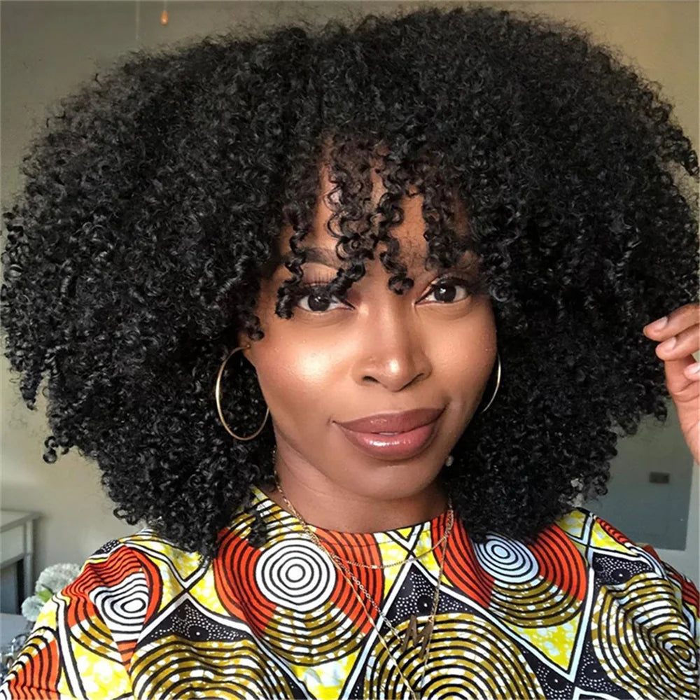 Afro Kinky Curly Human Hair Wigs With Bangs For Black Women 100% Human Hair Wig Cheap Malaysian Machine Made Human Hair Wigs