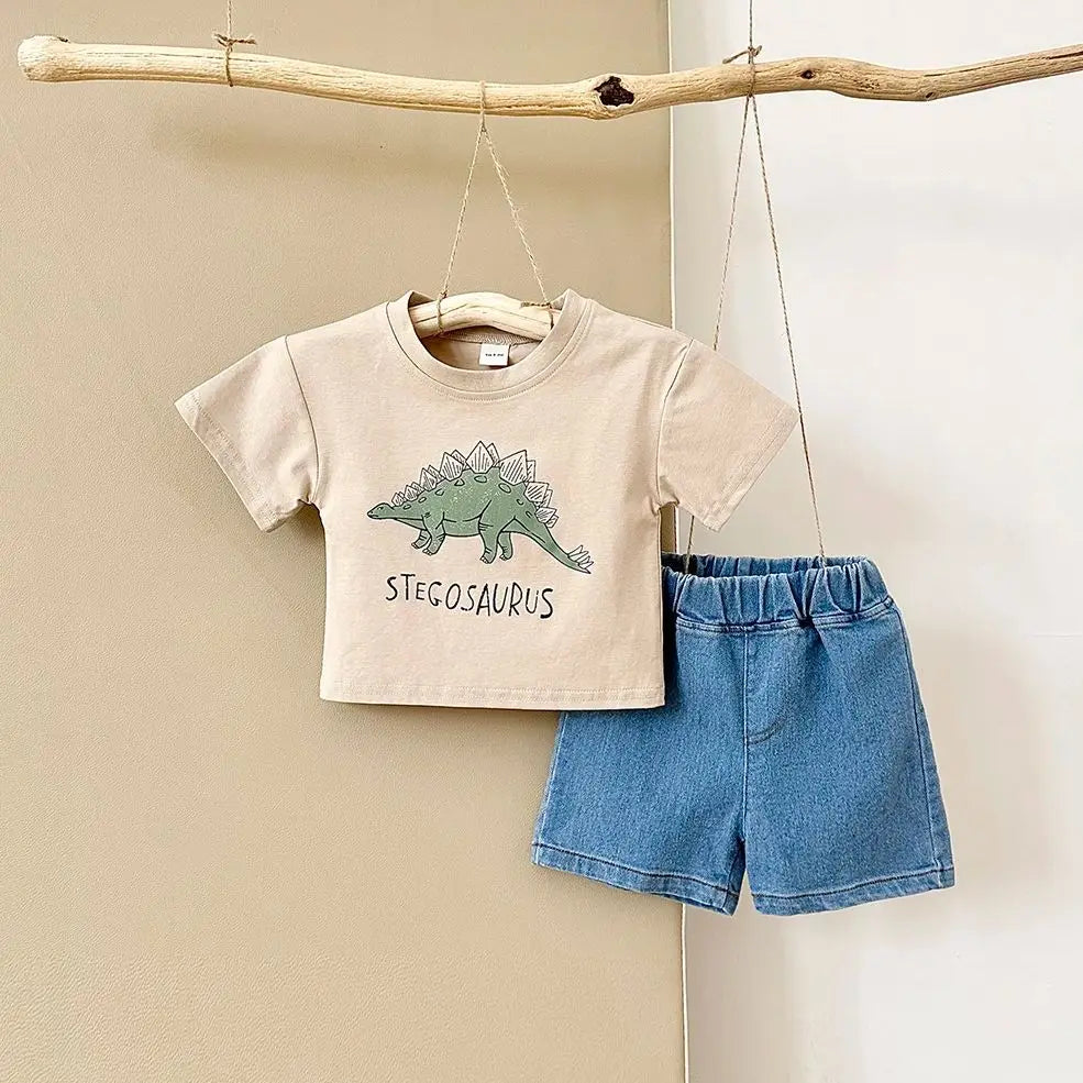 Summer Newborn Baby Boys Clothing Set Dinosaur Print Short Sleeved 2Pcs Casual Denim Shorts Overall Suit Toddler Boys Outfit