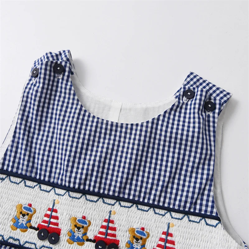 2024 Baby Summer Clothes Boy Embroidery Suspenders Pants Children Plaid Leisure Suit Infants Smocked Clothing Kids Outfits
