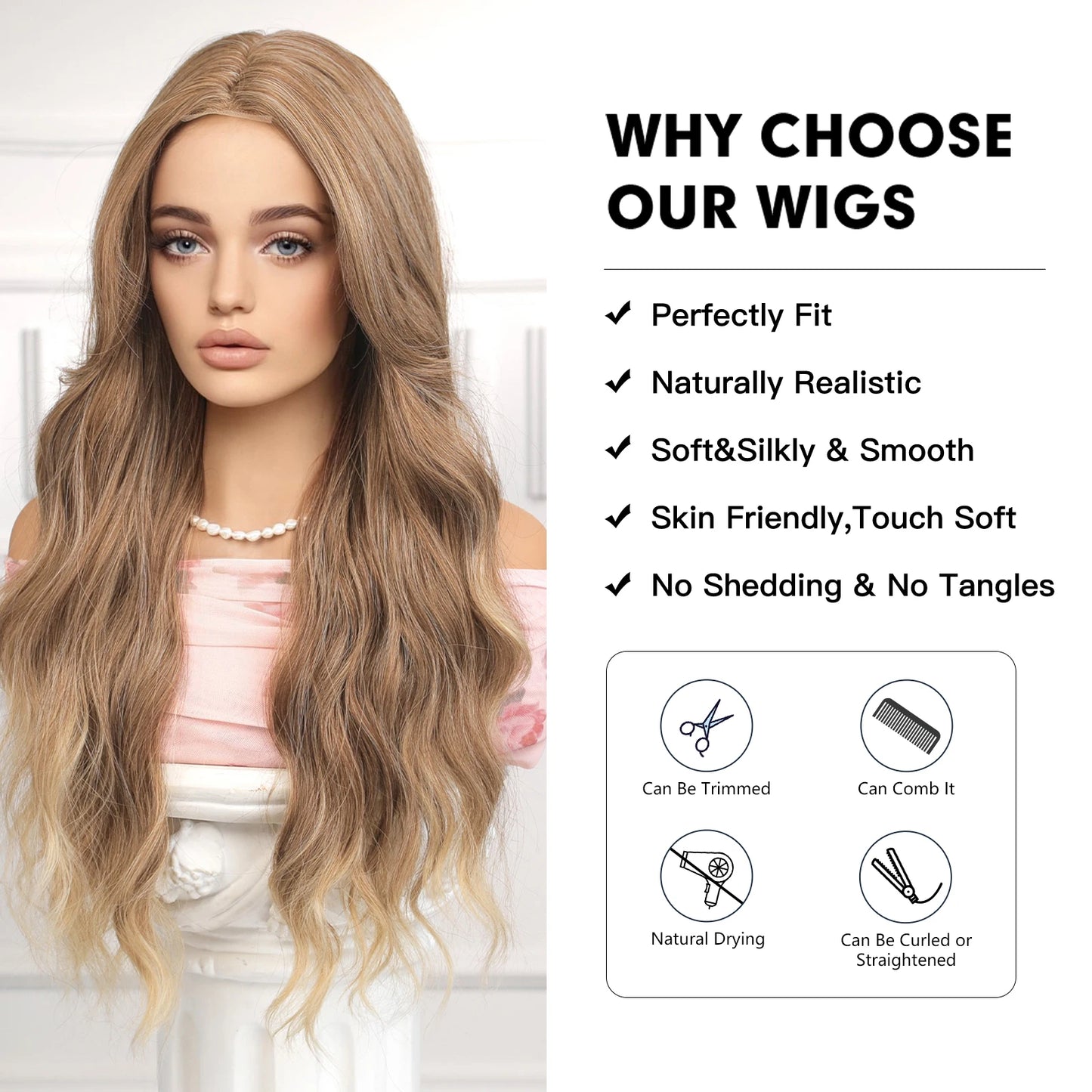 CharmSource Hairline Lace Wigs Brown Ombre Blonde Synthetic Long Wavy Wig with Long Bangs for Women Cosplay High Density Hair