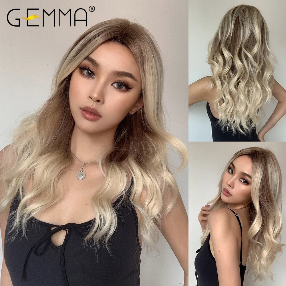 GEMMA Long Wavy Omber Brown Blonde Lace Front Wigs for Women Middle Part Lace Synthetic Wig Heat Resistant Cosplay Daily Hair