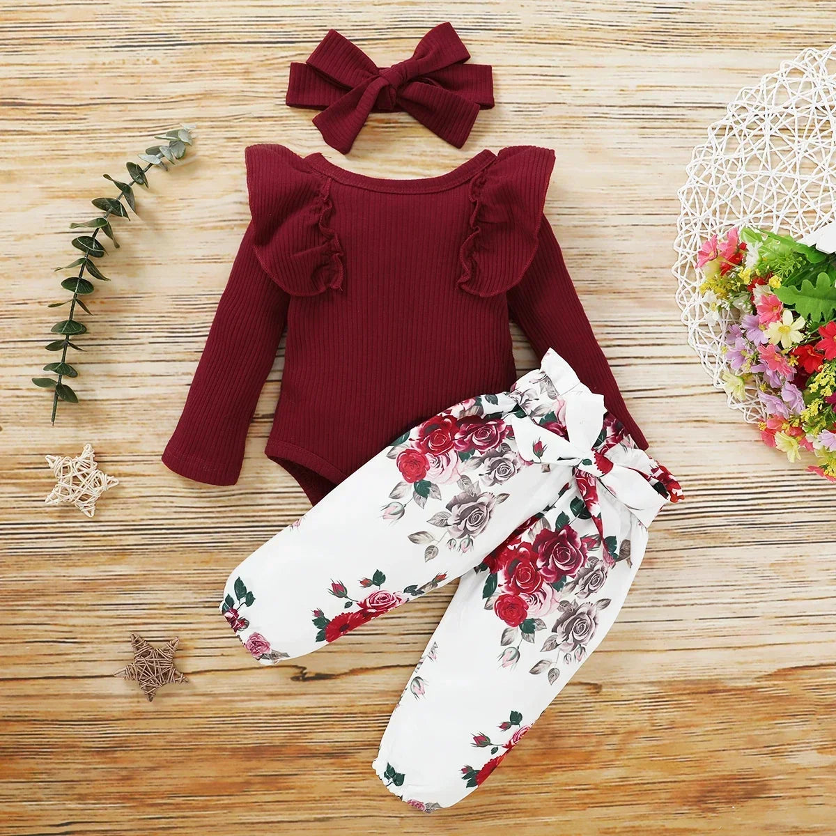 3Pcs Newborn Clothes Baby Girl Clothes Sets Infant Outfit Ruffles Romper Top Bow Leopard Pants New Born Toddler Clothing
