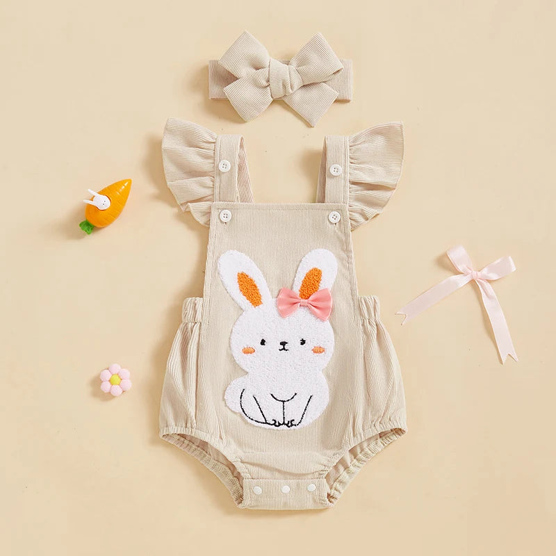 Adorable Baby Easter Romper Set with Cute Bunny Embroidery Flutter Sleeves and Matching Headband for Girls