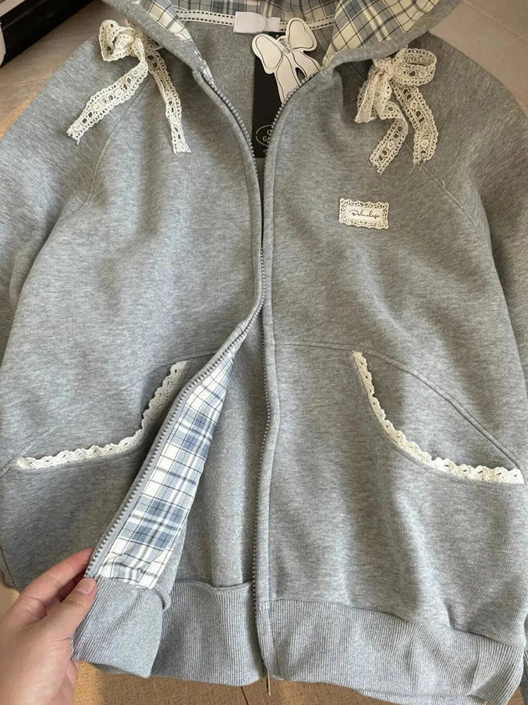 Zoki Lace Patchwork Hoodies Women Cute Bow Long Sleeve Sweatshirt Japan Preppy Style Sweet Loose Long Sleeve Female Gray Outwear