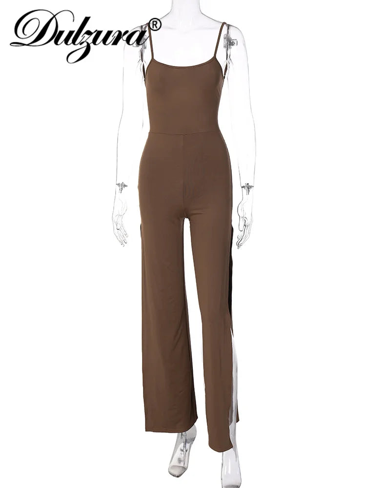 Dulzura Summer Women Sexy Y2K Lace Up Backless Strap Rompers Slit Wide Leg Jumpsuit Outfits Vacation Streetwear Overalls