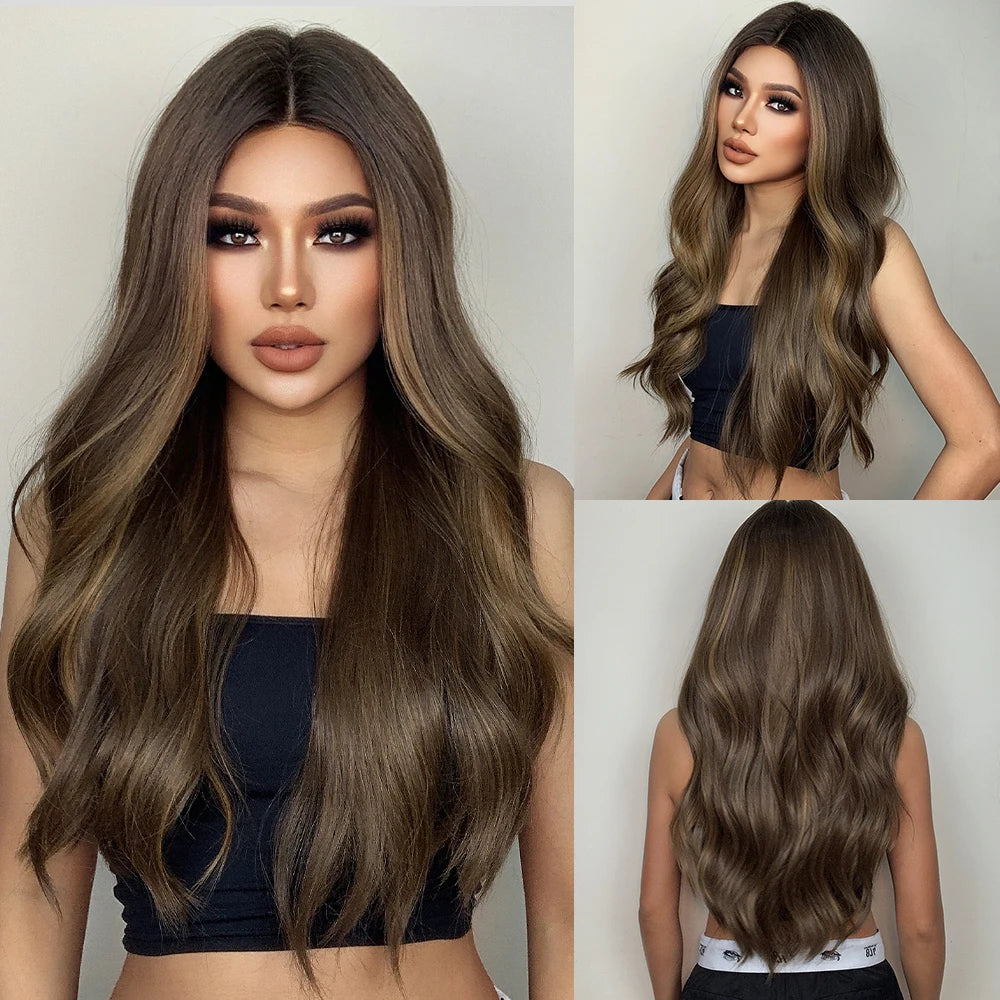 GEMMA Long Wavy Omber Brown Blonde Lace Front Wigs for Women Middle Part Lace Synthetic Wig Heat Resistant Cosplay Daily Hair