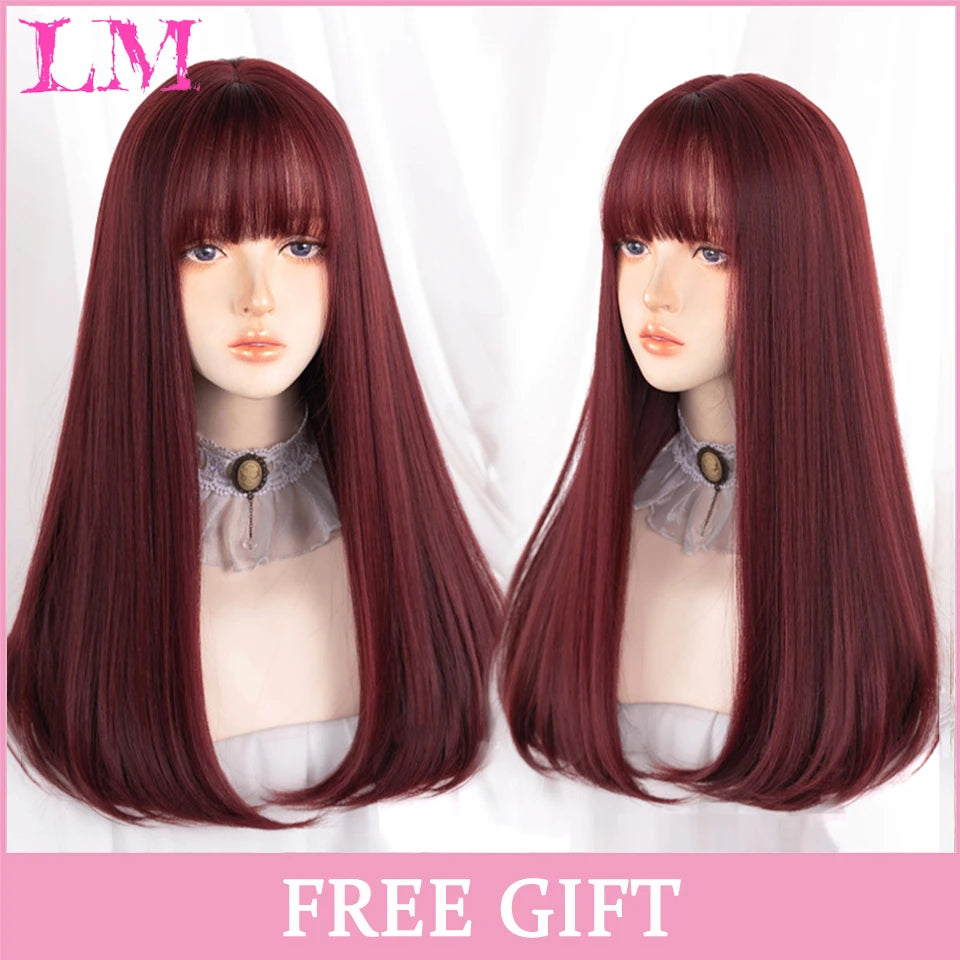 LM White Ombre Black Synthetic Wig for Women Long Curly Wave Wigs with Bangs Cosplay Party Heat Resistant Hair