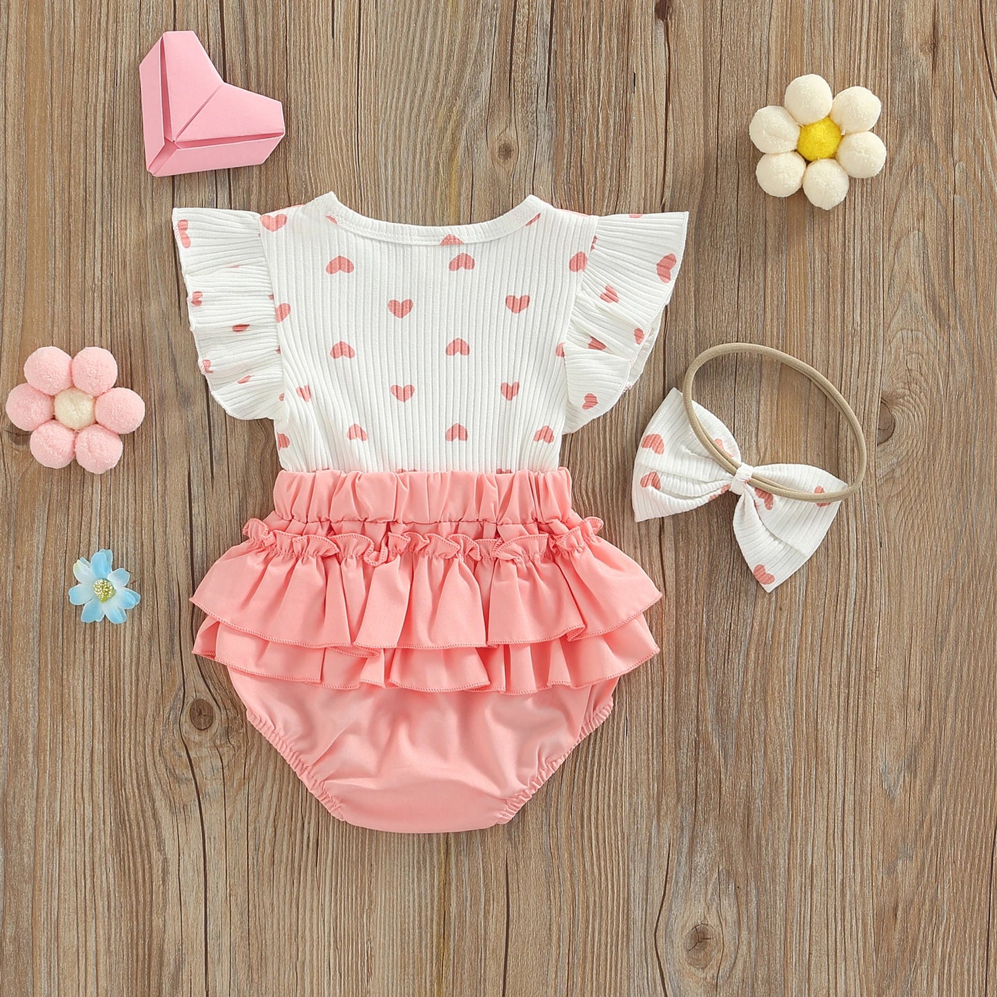 Infant Baby Girls Layette, Pink Heart Pattern Fake Two Pieces Romper and Bow Knot Headdress