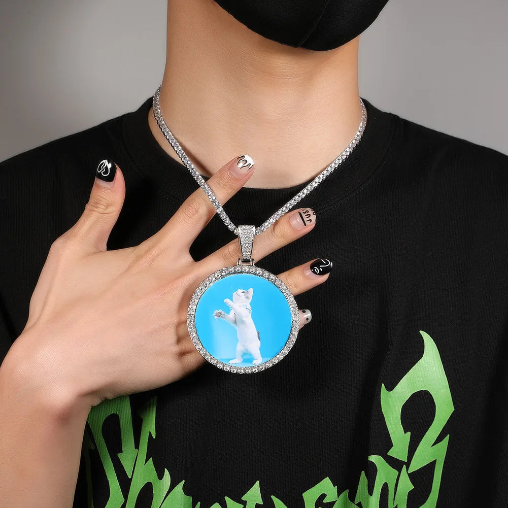 JINAO NEW Custom Ice out XXXL Large size Photo Round Necklace & Pendant With Chain AAA Cubic Zircon Hip hop Jewelry