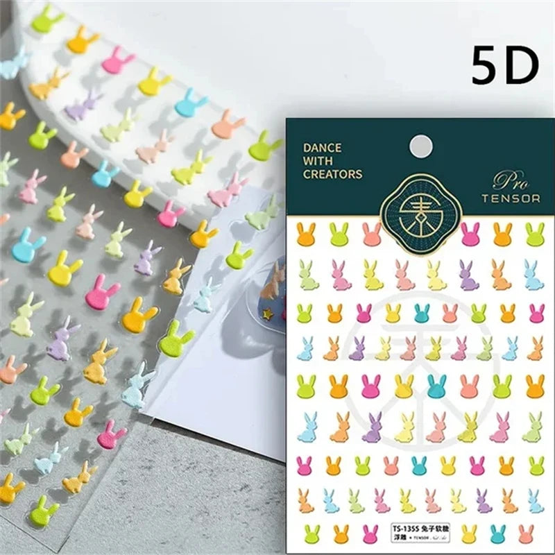 Noble Rococo Bunny Girl Pearl Butterfly Easter Egg Rabbit Soft Relief Self Adhesive 5D Nail Art Decoration Sticker 3D Nail Decal