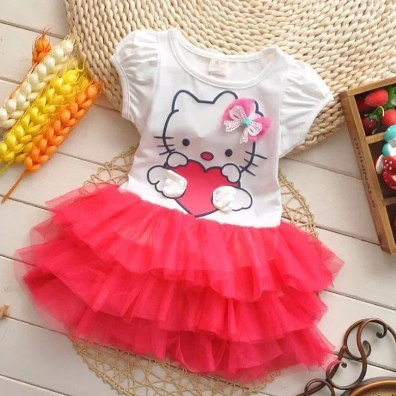 Sanrio hello kitty girls dress summer cute cartoon short-sleeved mesh cake dress princess dress tutu skirt