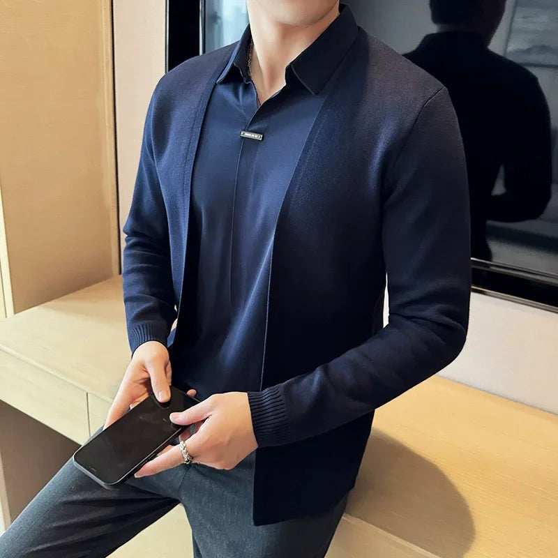 Spring Autumn New Fake 2 Pieces Knitted Cardigan Traceless Shirt Collar Spliced Casual Pullovers Fashion Men Slim Sweater Coats