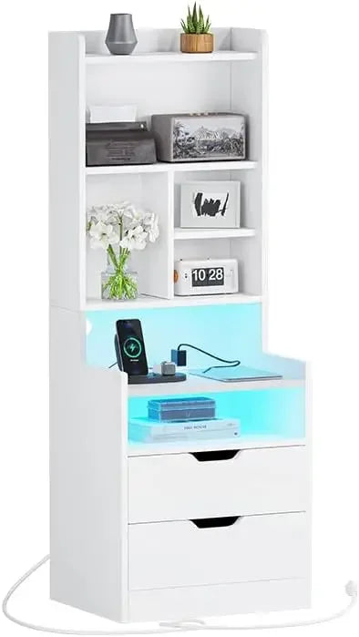 Charging Nightstand Set of 2 with LED Lights,Tall Night Stand with Bookshelf,Bedside Table with Drawers,Black Side Tables