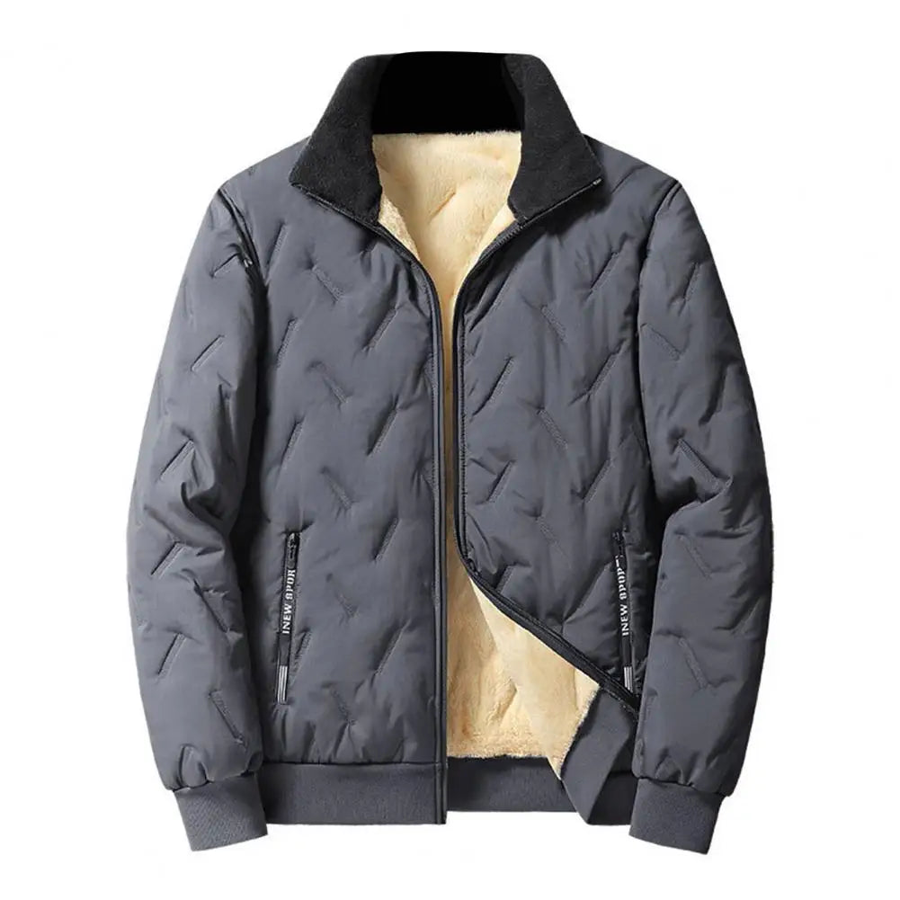 Embossed Lines Jacket Men Jacket Men's Embossed Lines Lapel Jacket with Zipper Pockets Elastic Hem Plush Lining Coat for Warmth