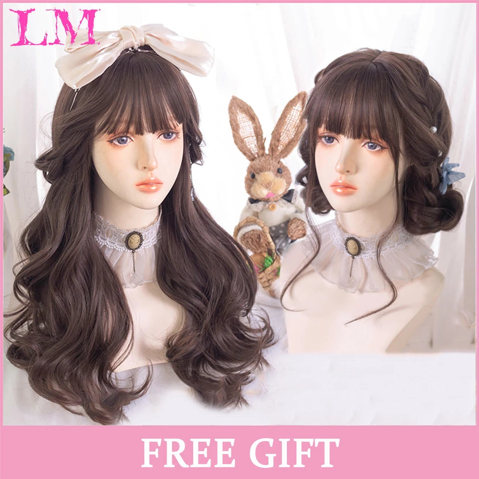 LM White Ombre Black Synthetic Wig for Women Long Curly Wave Wigs with Bangs Cosplay Party Heat Resistant Hair