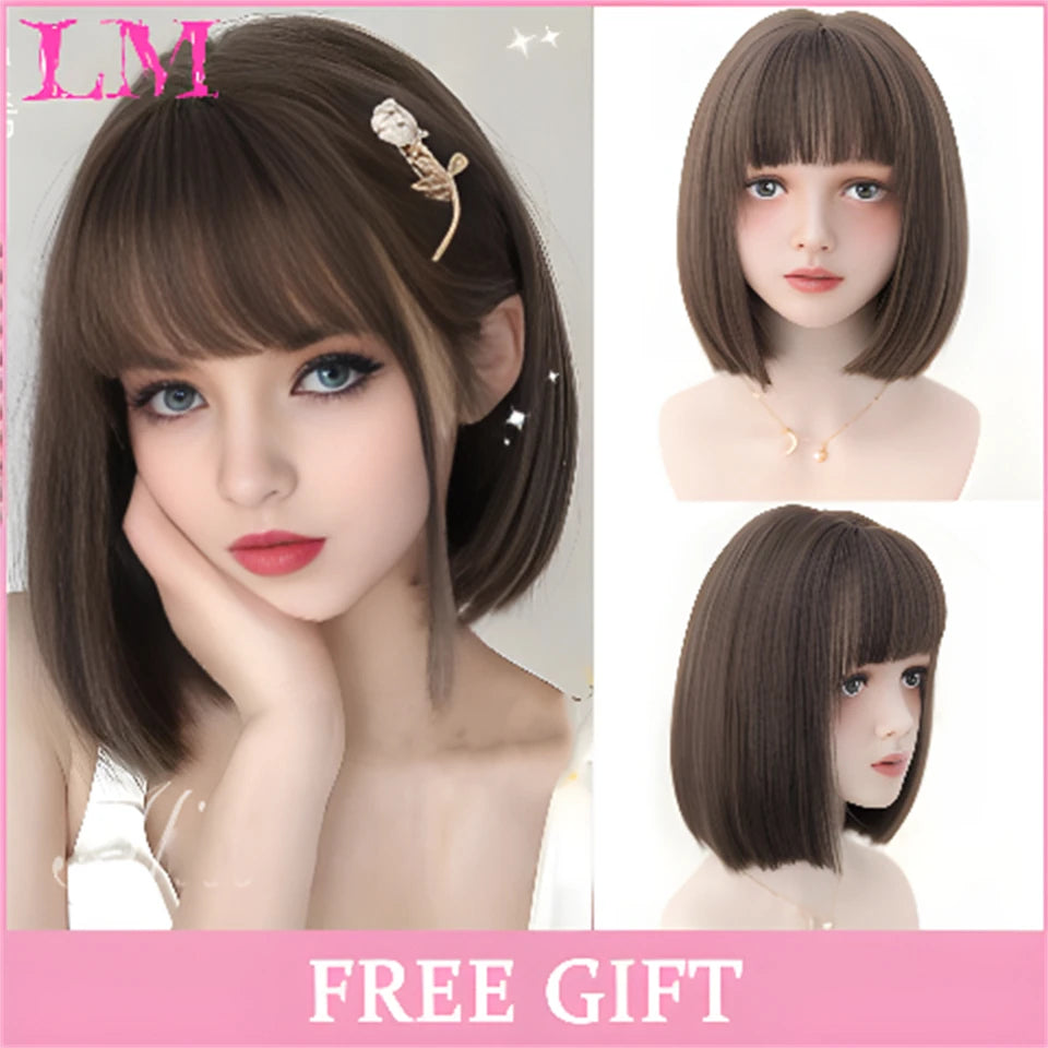 LM White Ombre Black Synthetic Wig for Women Long Curly Wave Wigs with Bangs Cosplay Party Heat Resistant Hair