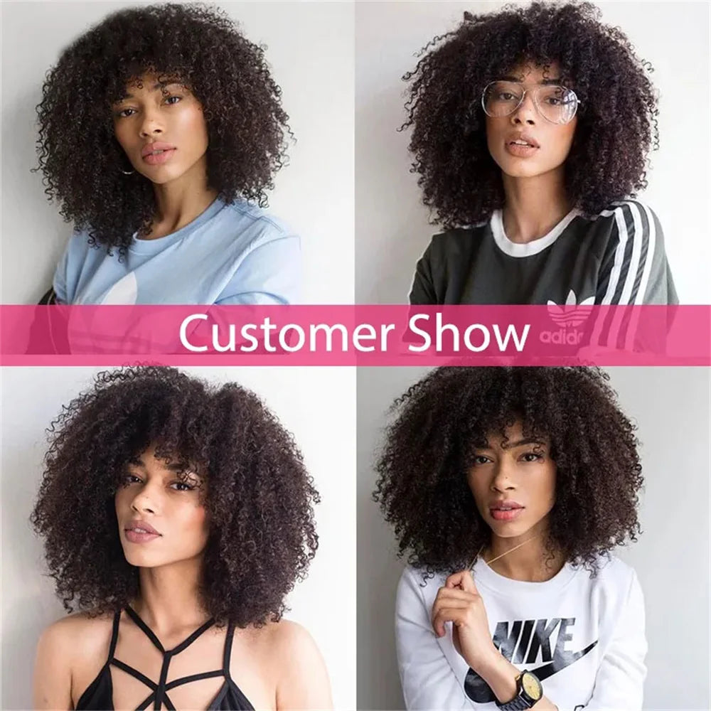 Afro Kinky Curly Human Hair Wigs With Bangs For Black Women 100% Human Hair Wig Cheap Malaysian Machine Made Human Hair Wigs