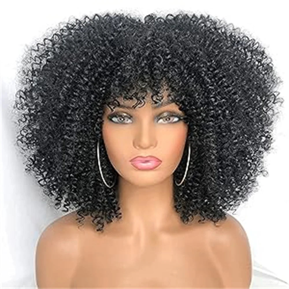 Afro Kinky Curly Wigs With Bangs Full Machine Made Wigs Short Curly Wigs For Black Women 100% Human Hair Wigs 180% Density