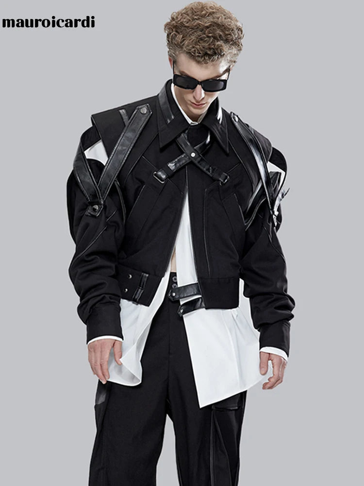 Mauroicardi Spring Autumn Short Patchwork Leather Jackets for Men Long Sleeve Runway Cool Luxury Designer Clothes Fashion 2022