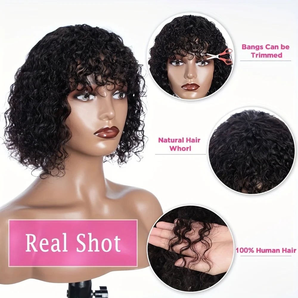 Kinky Curly Wigs Human Hair 100%-8 to 16 Inch Short Bob Wigs with Bangs-Natural-Looking Hairpiece for Everyday Wear Machine Made