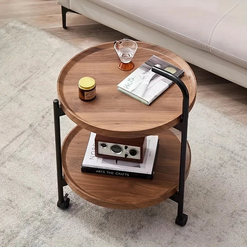 Bedside Wood Table Small Coffee Versatile Double Layer Wheels Space Saving 2-Tier Nightstand Storage Organizer Living Bedroom