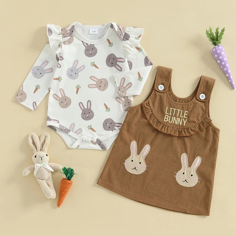 Toddler Baby Girl Easter Outfits Bunny Ruffle Long Sleeve Romper with Overall Dress 2 Piece Spring Sets for Newborn