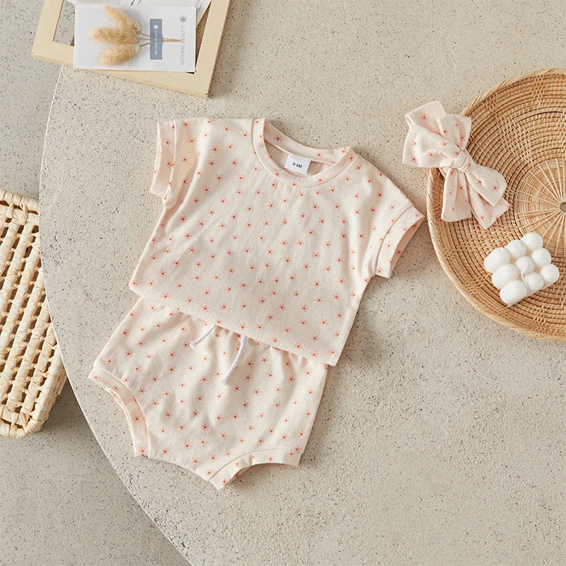 Suefunskry Baby Girl Summer Casual Clothes Flower Print Short Sleeve Round Neck T-Shirt with Shorts and Headband Outfit