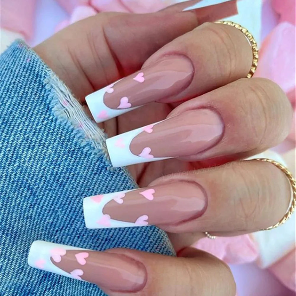 Y2K 24 Pcs Long Coffin Press On Nails Pink And White False Nails Gradient Glitter Artificial Finger Manicure Reusable Fake Nails