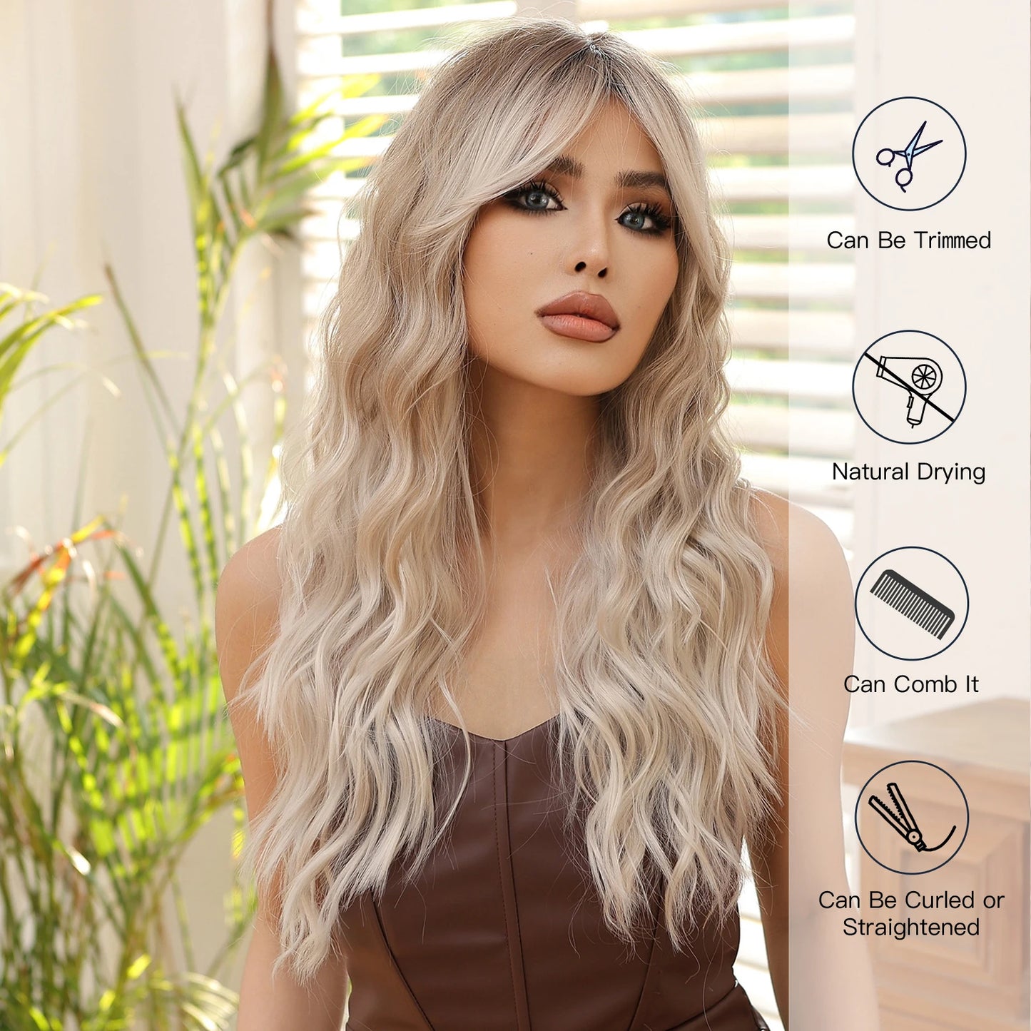 Blonde Ombre Synthetic Wigs with Long Bangs Long Curly Wavy Natural Hair Wigs for Afro Women Daily Party Heat Resistant
