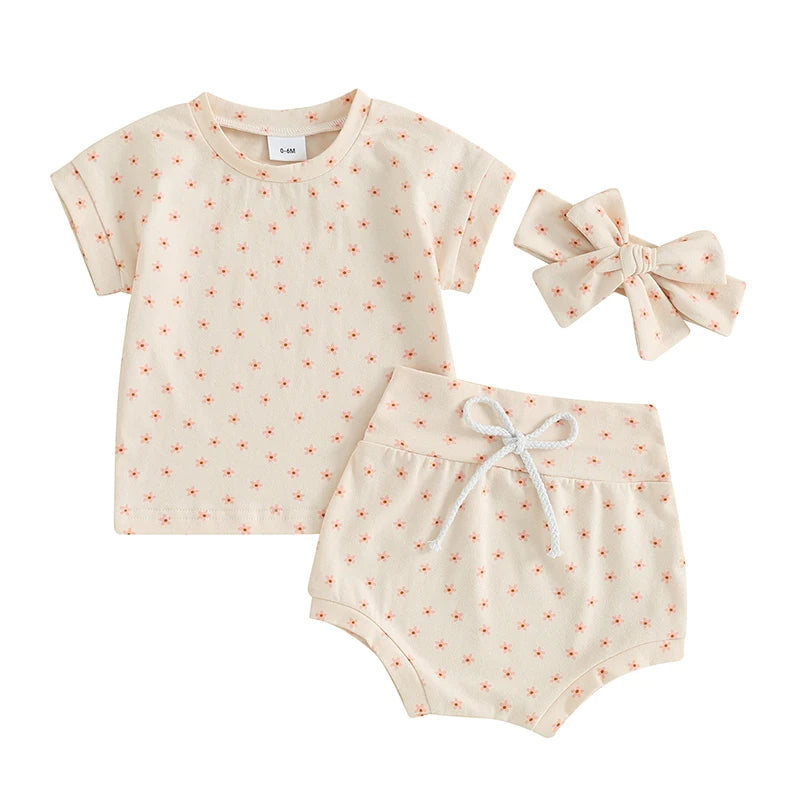 Suefunskry Baby Girl Summer Casual Clothes Flower Print Short Sleeve Round Neck T-Shirt with Shorts and Headband Outfit