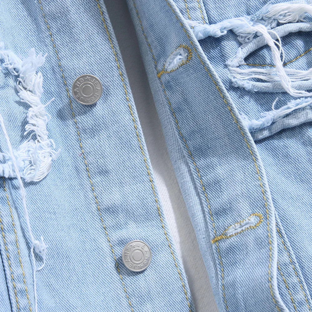 Stylish Street Men Distressed Stacked Splicing Slim Denim Jacket Ripped Male Casual Jean Jacket Coat