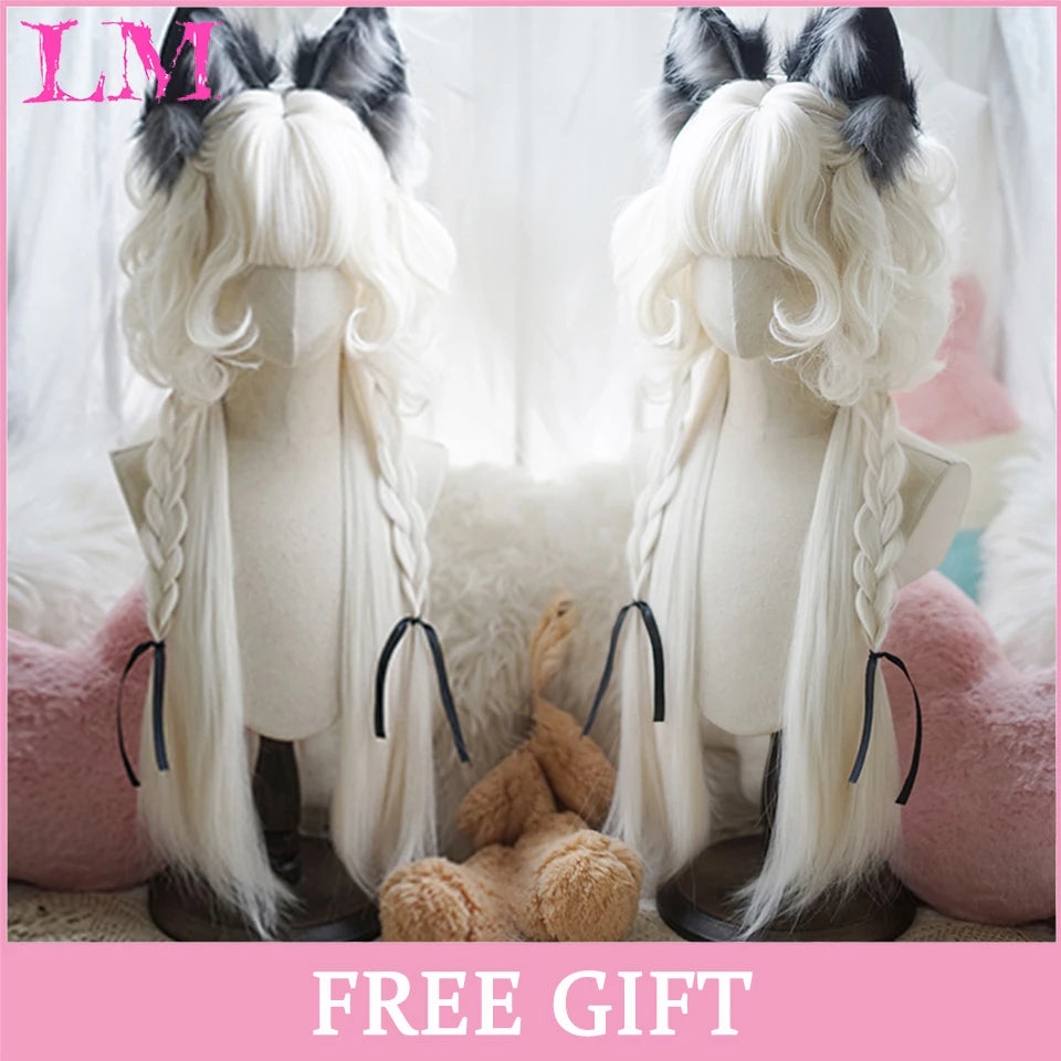LM White Ombre Black Synthetic Wig for Women Long Curly Wave Wigs with Bangs Cosplay Party Heat Resistant Hair