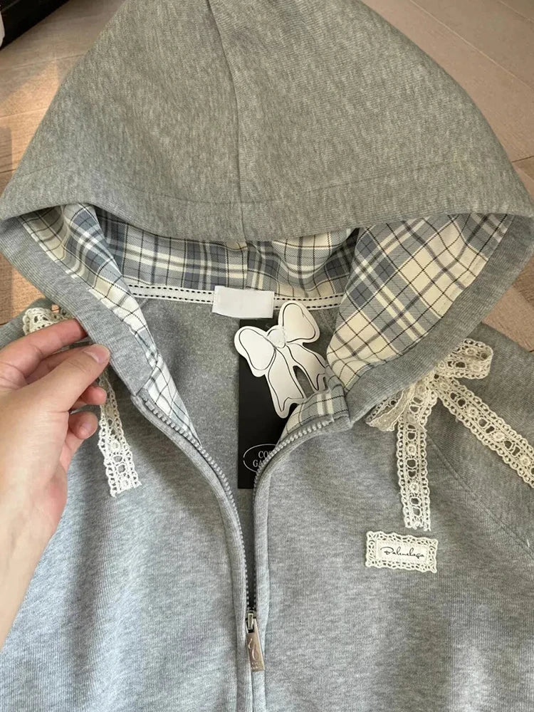 Zoki Lace Patchwork Hoodies Women Cute Bow Long Sleeve Sweatshirt Japan Preppy Style Sweet Loose Long Sleeve Female Gray Outwear