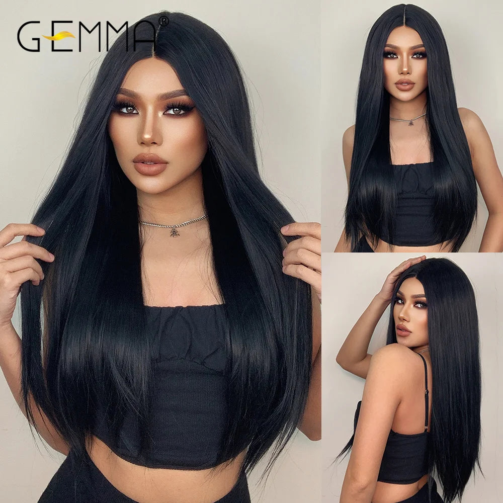 GEMMA Long Wavy Omber Brown Blonde Lace Front Wigs for Women Middle Part Lace Synthetic Wig Heat Resistant Cosplay Daily Hair