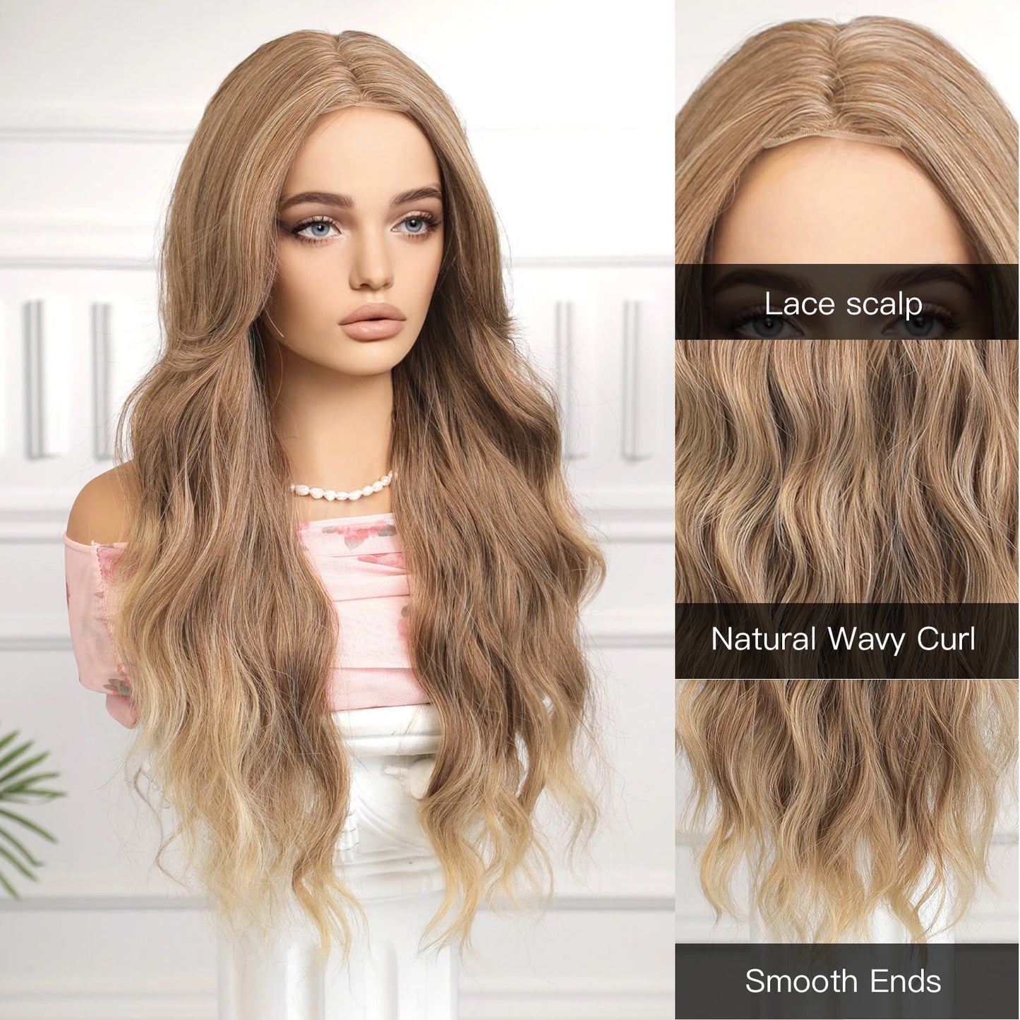 CharmSource Hairline Lace Wigs Brown Ombre Blonde Synthetic Long Wavy Wig with Long Bangs for Women Cosplay High Density Hair