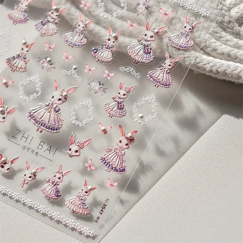 Noble Rococo Bunny Girl Pearl Butterfly Easter Egg Rabbit Soft Relief Self Adhesive 5D Nail Art Decoration Sticker 3D Nail Decal