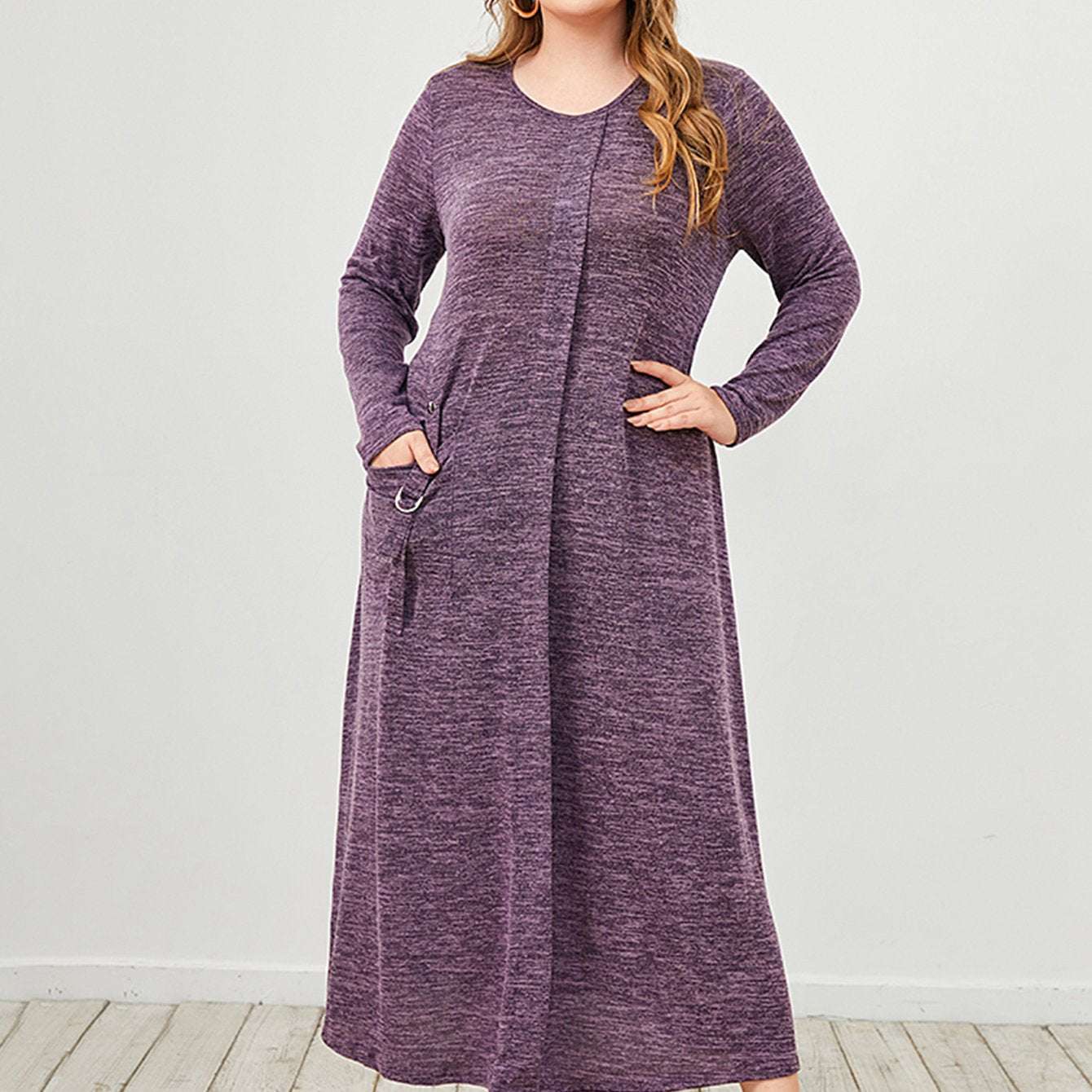 Women's Plus Size Casual Long Sleeve Dress, Spring Fall Crew Neck Dress With Pocket