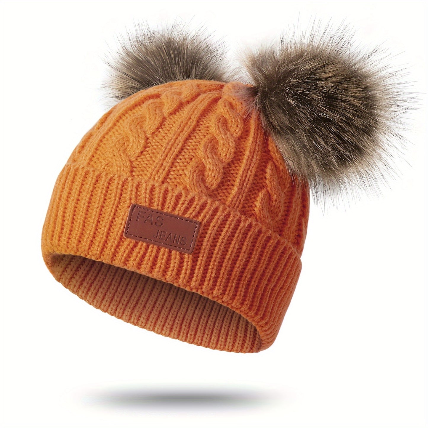 1pc Toddler Knitted Hat, Pure Color Winter Twist Double Pom Pom Knitted Beanies Cap